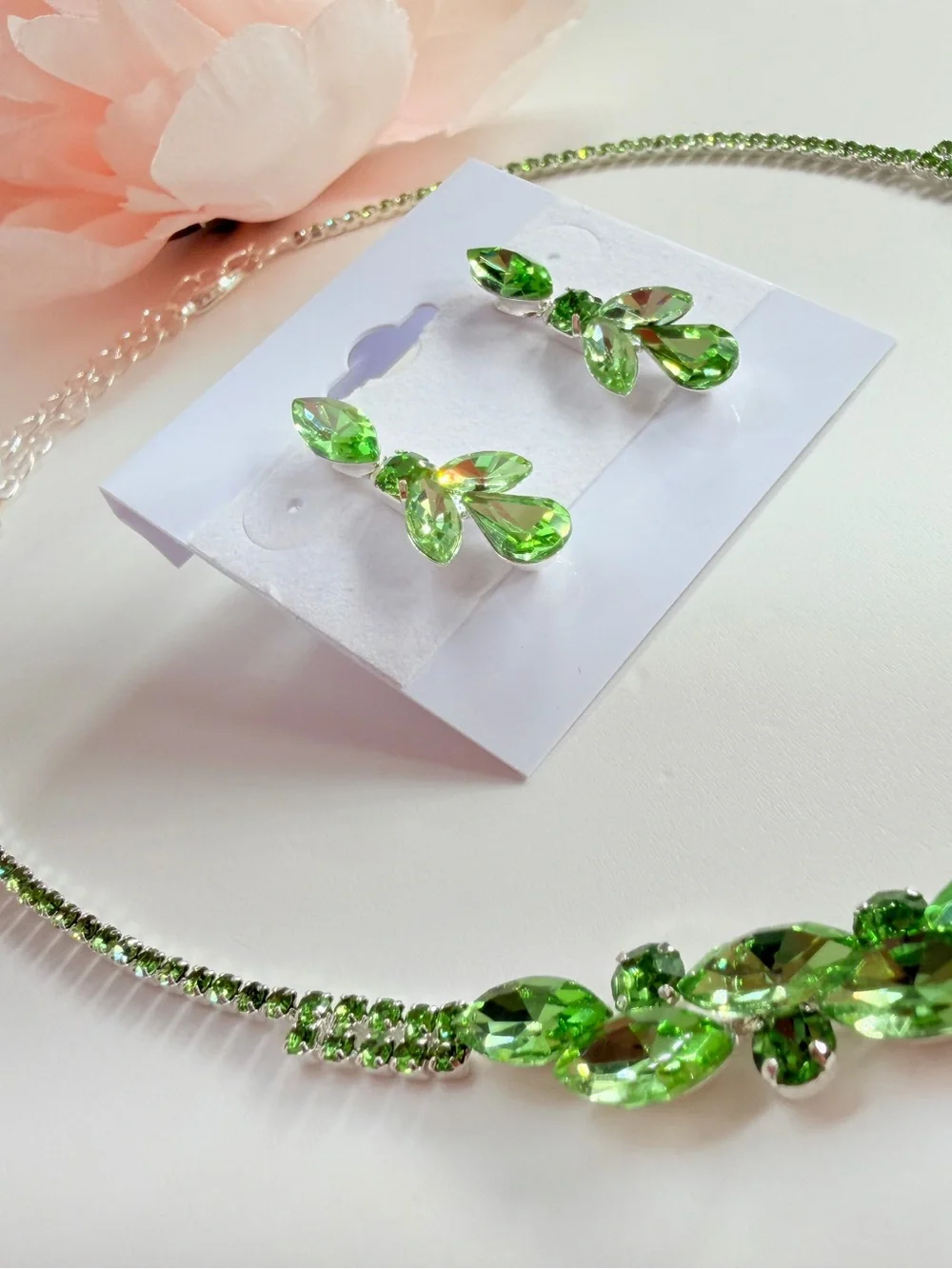 Green Crystal Teardrop Necklace and Earring Set